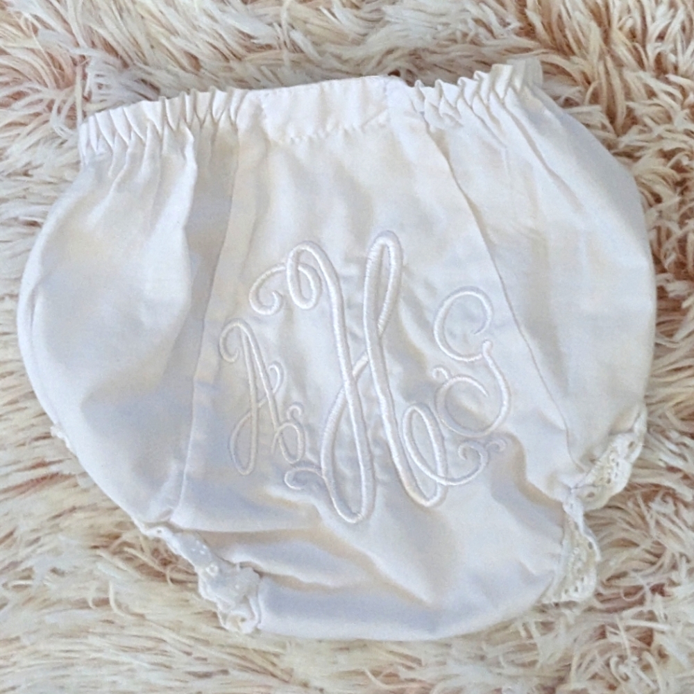 Monogrammed Baby Bloomers 0-6 months Double Seat White Eyelet Trim